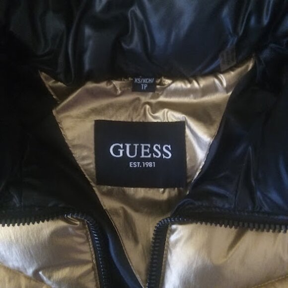 GUESS | Metallic Gold Hooded Puffer Winter Fall Jacket Quilted Snow Coat XS - Picture 12 of 16